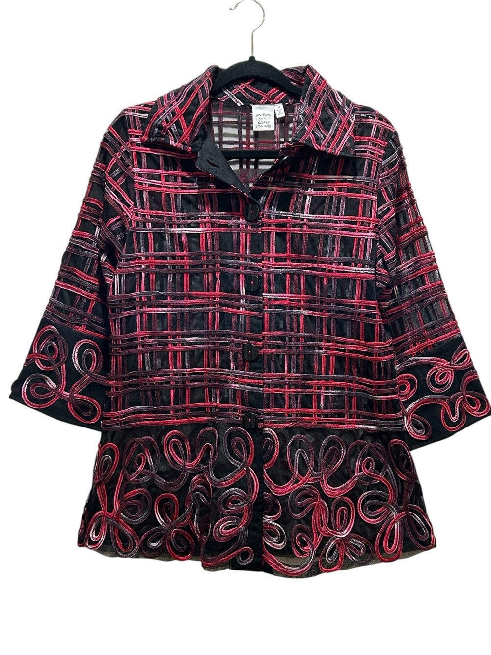 Parsley & Sage Black Mesh & Pink Ribbon Art-to-Wear Button-up Jacket - Medium